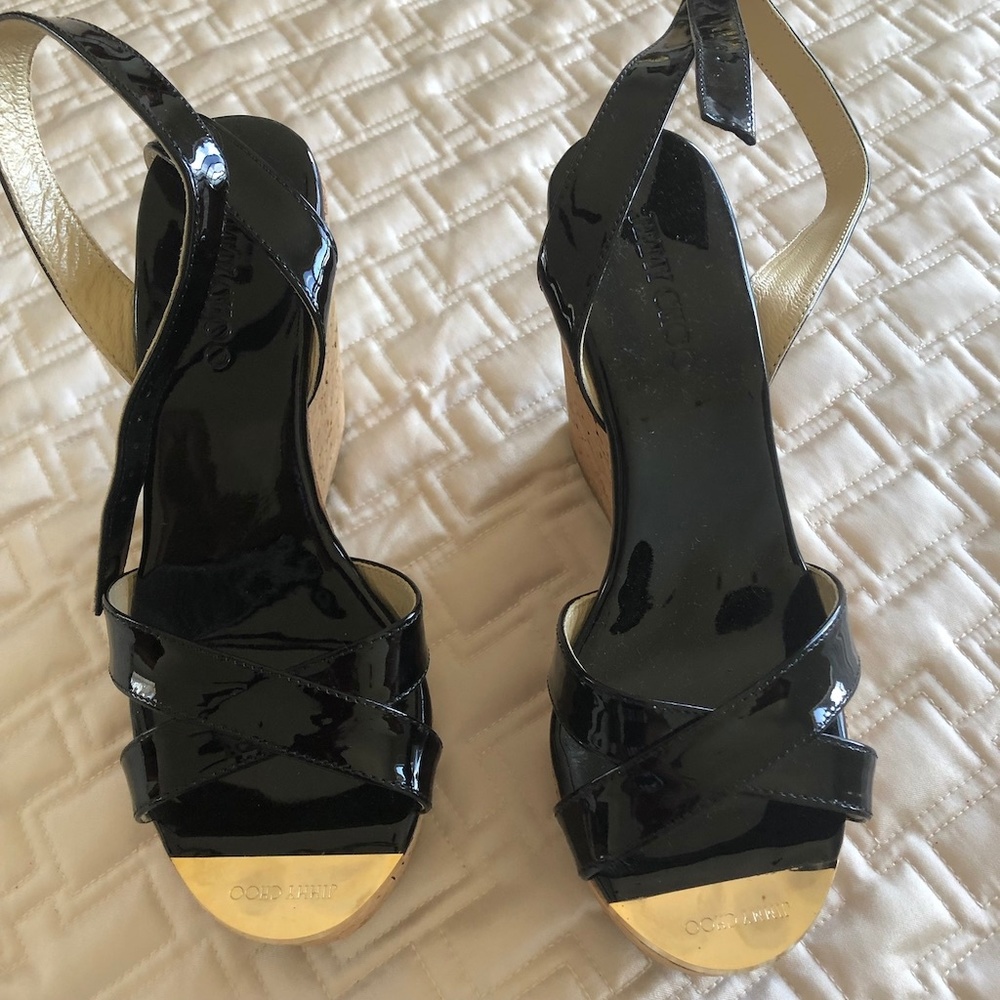 NEW!!! JIMMY CHOO PATENT LEATHER BLACK WEDGE- FITS A SIZE 6